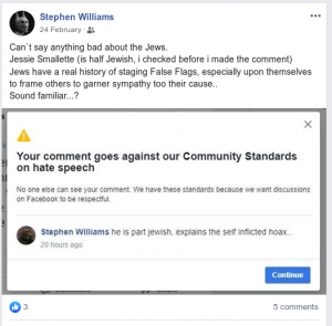 facebook post by SW, complaining that he "can't say anything bad about the jews"