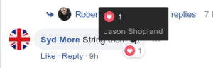 A screenshot showing Jason Shopland has liked the comment saying "string them up"