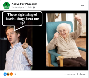 Meme posted by the facebook page Active For Plymouth - a speech bubble of Owen Jones saying “These rightwinged fascist thugs beat me up!”, next to a woman celebrating and smiling