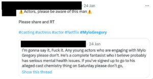 Twitter post from February 4th: "Just read your DM and I feel sick at the shit he’s been saying! This guy needs reporting to the police! If anyone on this thread has any screenshots or interactions with Philip Gregory / Mylo Gregory / Milo Gregory please send me them via DM so I can compile them and report!"
