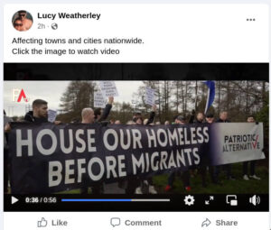Facebook post by Lucy Weatherley. "Affecting towns and cities nationwide. Click the image to watch the video". Video still shows a prominent Patriotic Alternative banner