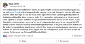 screenshot of post by Dave Saville about attending tonight